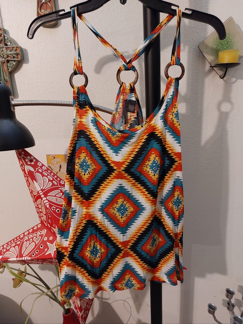 Vintage Y2K Flowy Brightly Colored Tank Top With Wood Ring Details